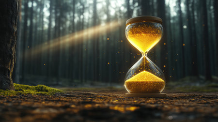 Golden hourglass glows in a mystical forest, capturing the essence of times passage, AIの素材