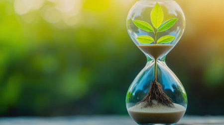A young plant grows inside an hourglass, symbolizing time and natures resilience, AIの素材
