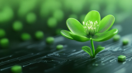A digital flower blooms on a circuit board, symbolizing the fusion of nature and technology, AIの素材