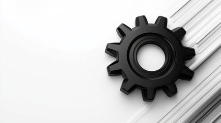 Black gear on a sleek white background symbolizes innovation and technology, AIの素材
