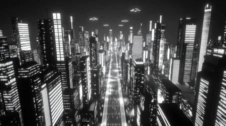 Futuristic cityscape with glowing skyscrapers and flying vehicles at night, AIの素材