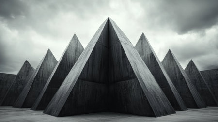 Geometric concrete pyramids stand tall under a dramatic, cloudy sky, AIの素材