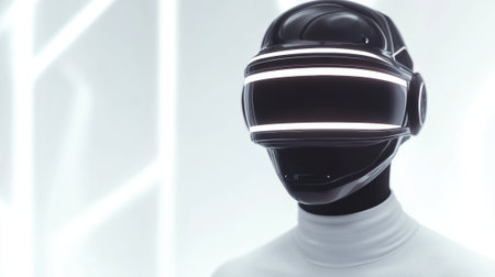 Futuristic helmet with sleek design and glowing visor in a minimalist setting, AIの素材