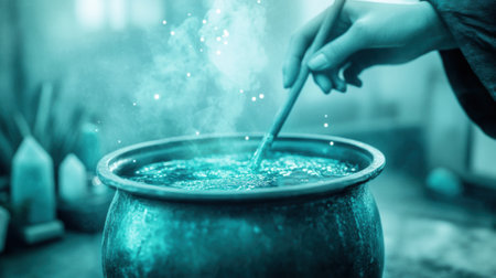 A mystical hand stirs a steaming cauldron, creating an enchanting atmosphere, AIの素材