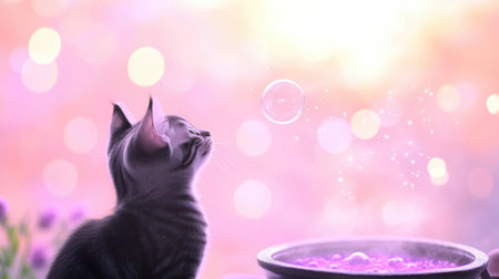 Kitten mesmerized by a floating bubble in a dreamy, pastel setting, AIの素材