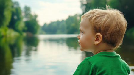 Toddler gazing thoughtfully at a serene lake surrounded by lush greenery, AIの素材