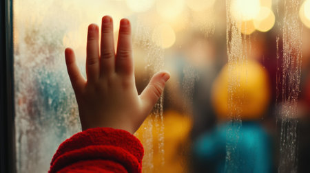 Childs hand on a foggy window, capturing a moment of wonder and curiosity, AIの素材