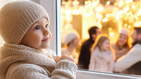 Child gazing out a window at a festive family gathering indoors, AIの素材