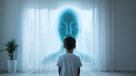 A child gazes at a glowing holographic face in a serene, modern room, AIの素材