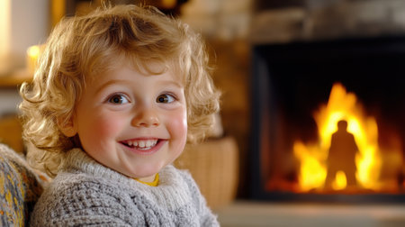Smiling child with curly hair enjoys warmth by a cozy fireplace, AIの素材