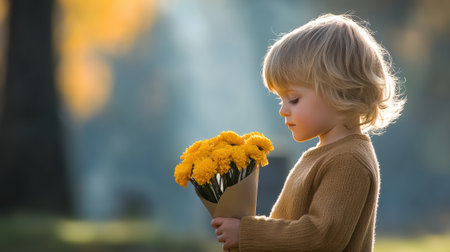 Child with a bouquet of yellow flowers in a serene autumn setting, AIの素材