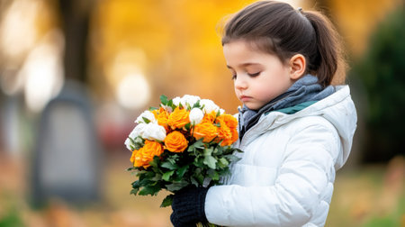 Young girl holding a bouquet of flowers in a serene autumn setting, AIの素材
