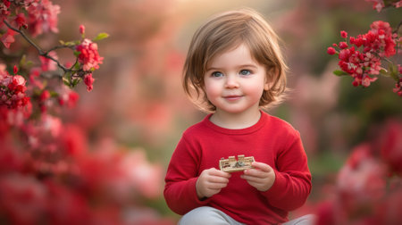 Toddler in a red sweater surrounded by vibrant pink blossoms, holding a small toy, AIの素材