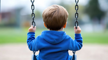 Young child in a blue hoodie enjoys a peaceful swing ride at the park, AIの素材