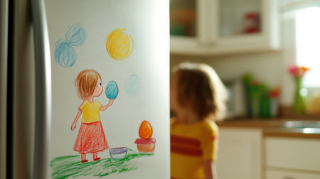 Childs drawing on a fridge with a blurred child in the background, AIの素材