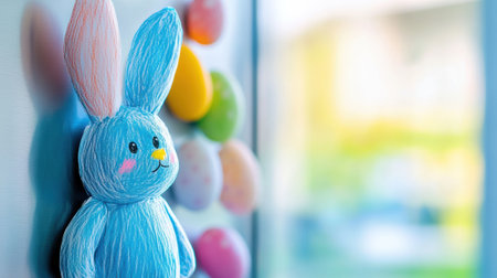 Blue Easter bunny decoration with colorful eggs in the background, AIの素材