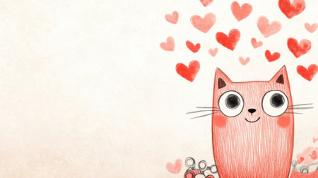 Cute cat with big eyes surrounded by floating red hearts on a soft background, AIの素材