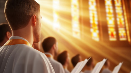 Choir members sing in harmony as sunlight streams through stained glass windows, AIの素材