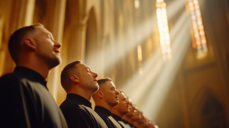 Monks in prayer, bathed in ethereal light, inside a grand cathedral, AIの素材