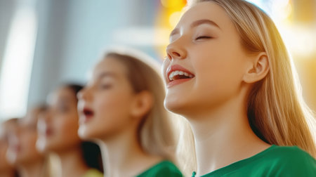 Young women singing passionately in a choir, eyes closed, immersed in music, AIの素材