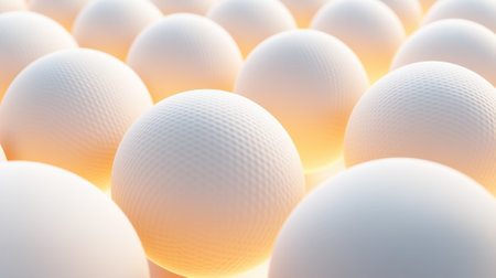 Rows of textured spheres glow with a warm, ambient light, creating a serene pattern, AIの素材