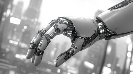 Robotic hand reaching out in a futuristic cityscape, symbolizing advanced technology, AIの素材