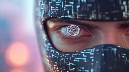 Cybernetic eye with intricate digital patterns in a futuristic setting, AIの素材