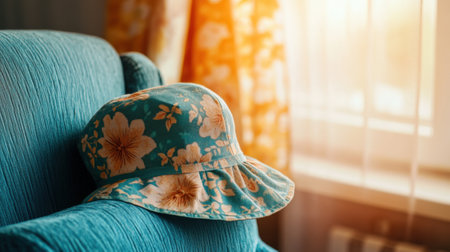 Floral sun hat resting on a cozy blue armchair by a sunlit window, AIの素材