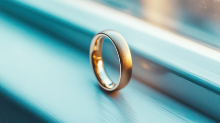 Golden wedding band resting on a sunlit windowsill, symbolizing love and commitment, AIの素材