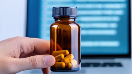 A hand holds a bottle of capsules in front of a laptop screen, suggesting online research, AIの素材