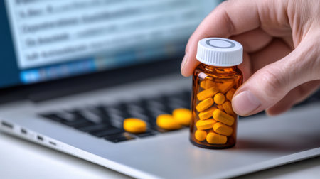 Hand holding a bottle of yellow pills over a laptop keyboard, suggesting online pharmacy, AIの素材