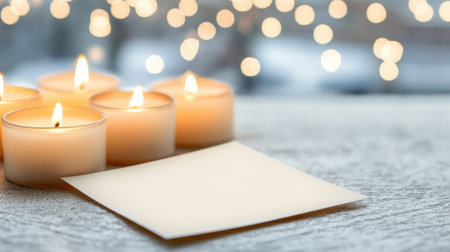 Soft candlelight illuminates a blank card, creating a serene and inviting atmosphere, AIの素材