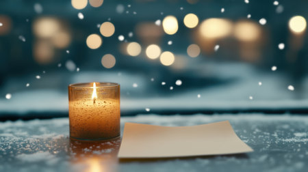 A warm candle glows by a frosty window, with snowflakes gently falling outside, AIの素材