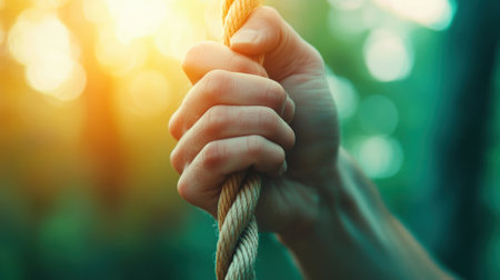A hand grips a rope tightly against a backdrop of warm sunlight and greenery, AIの素材