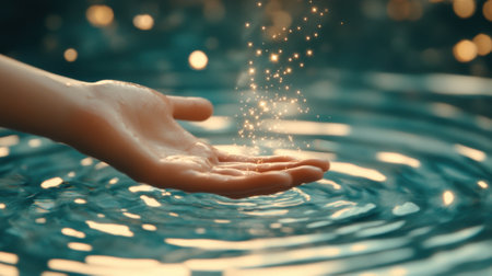 A hand gently catches sparkling light over rippling water, evoking a sense of wonder, AIの素材