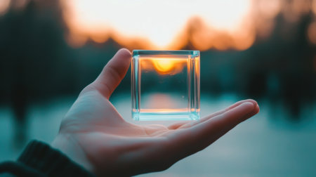 Hand holding a glass cube with a sunset glow in the background, AIの素材