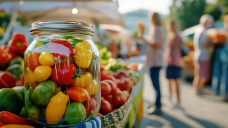 Colorful bell peppers in a jar at a bustling farmers market, AIの素材