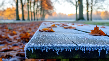 Frost-covered picnic table in a serene autumn park setting, AIの素材
