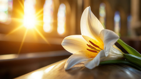 White lily bathed in warm sunlight inside a serene church setting, AIの素材