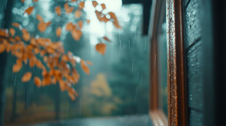 Autumn rain gently falls on a wooden cabin in a serene forest setting, AIの素材