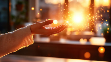A hand reaches out to capture the warm glow of a magical sunset, AIの素材