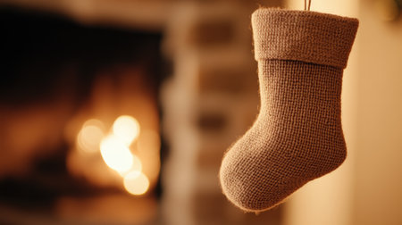 Cozy knitted stocking hanging by a warm fireplace, evoking holiday cheer, AIの素材