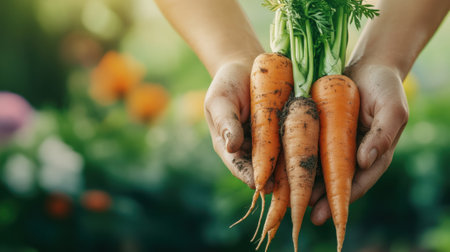 Freshly harvested carrots held in hands, showcasing organic gardening, AIの素材