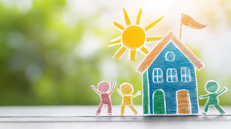 Colorful drawing of children and a house under a bright sun on a sunny day, AIの素材