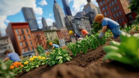 Urban community garden with diverse people tending to plants under a bright sky, AIの素材