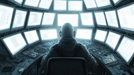 A person in a hoodie sits at a control center with multiple glowing screens, AIの素材