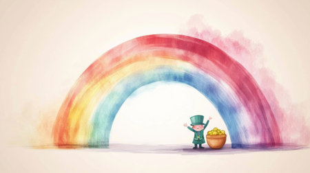 Cheerful leprechaun with a pot of gold under a vibrant rainbow, AIの素材