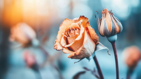 Withered rose in soft sunlight, capturing the beauty of decay and change, AIの素材