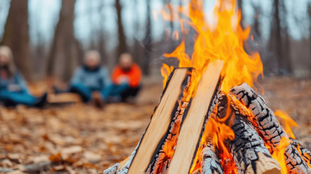 Cozy campfire in a forest with people enjoying the warmth in the background, AIの素材
