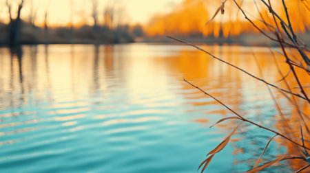 Golden sunset reflects on a tranquil river, surrounded by bare trees and reeds, AIの素材